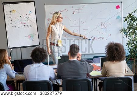 young female blonde caucasian businesswoman lecturing colleagues about SWOT meaning. Professional education, progress, teaching, learning.
