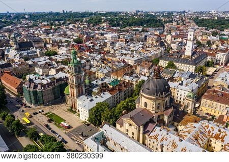 Aerial View Of Historical Old City District Of Lviv, Ukraine. Churches, Cathedrals, City Hall And Ho