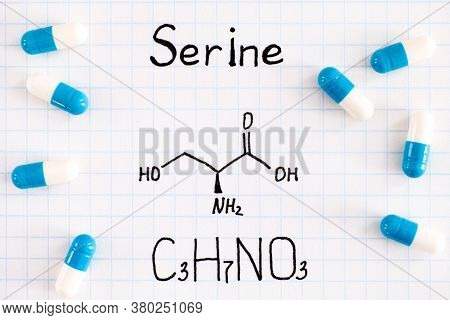 Chemical Formula Of Serine With Some Pills. Close-up.