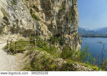 Path Of Ponale, On The Garda Lake, Trentino, Italy, Made From The Old Road From The Ledro Valley. Vi