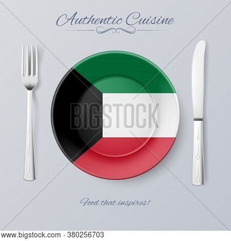 Authentic Cuisine Of Kuwait. Plate With Kuwaiti Flag And Cutlery
