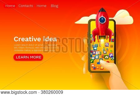Creative Idea Rocket Space, Mobile Start-up, Web Site Banner Design. Vector