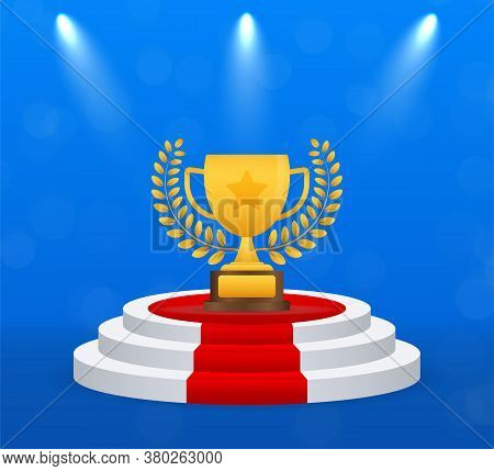 Trophy Cup Vector Flat Icon With Star And Laurel Wreath. Vector Stock Illustration