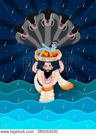 Paper Cut Illustration Of Happy Janmashtami Festival Of India. Vasudev And Snake Save Lord Krishna F