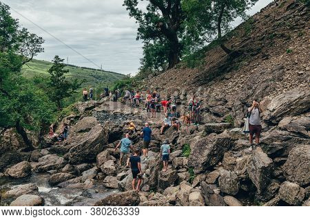 Gwynedd, Wales, Uk - 30 July, 2020 Crowd Of People At Aber Falls Or In Welsh Rhaeadr Fawr . This Wat
