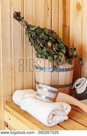 Interior Details Finnish Sauna Steam Room With Traditional Sauna Accessories Basin Birch Broom Scoop