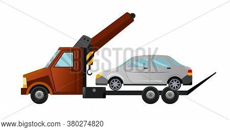 Tow Truck. Cool Flat Towing Truck With Broken Car. Road Car Repair Service Assistance Vehicle With D