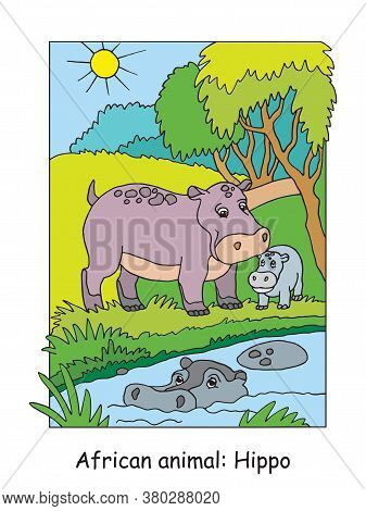 Vector Coloring Pages With Cute Hippo Family In African Area. Cartoon Colorful Illustration Isolated