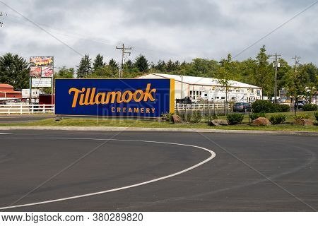 Tillamook, Oregon - August 1, 2020: Sign For The Tillamook Creamery, A Famous Factory With Cheese Ta