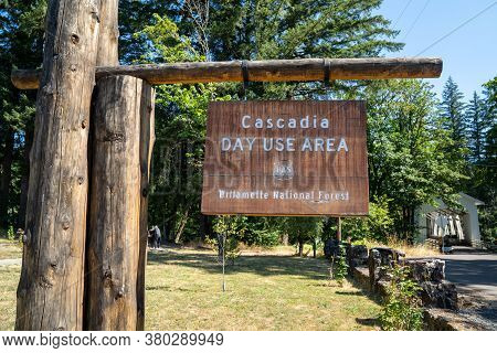 Cascadia, Oregon - August 2, 2020: Sign For The Cascadia Day Use Area In The Willamette National For