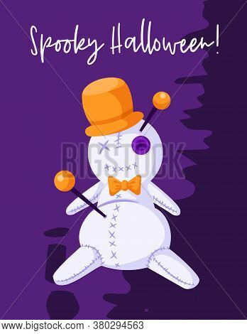 Halloween Cartoon Greeting Card Or Nursery Poster - Creepy Voodoo Doll In Orange Hat On Dark Violet 