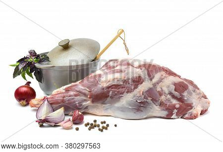 Raw Leg Of Mutton On A Bone On A White Isolated Background. Sheep Meat Close-up.a Fresh Piece Of Mut