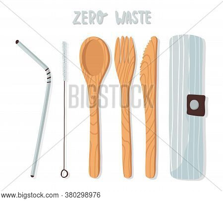 Wooden Cutlery Set, Bamboo Crockery, Spoon, Fork, Knife, Reusable Metal Drinking Straw And Brush In 