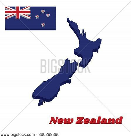 3d Map Outline And Flag Of New Zealand, A Blue Ensign With The Southern Cross Of Four White-edged Re