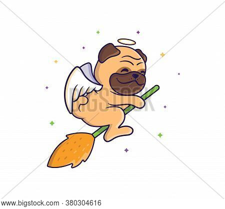 The Nice Cartoon Character Of A Dog-angel Flying On A Broomstick. Vector Halloween Illustration