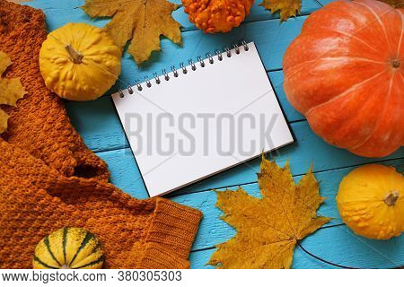 Thanksgiving Day. Autumn Mock Up.autumn Flat Lay. Blank Notebook,brown Sweater, Pumpkin Yellow Set A