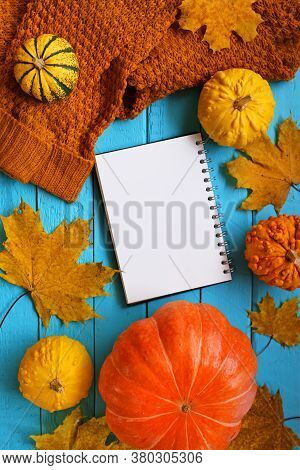 Thanksgiving . Autumn Mock Up.autumn Flat Lay. Blank Notebook,brown Sweater, Pumpkin Yellow Set And 