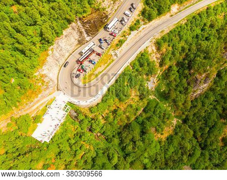 Top Down View. Ornesvingen Viewing Point, Platform With Parking Area And Tourist Road Ornevegen. Tra