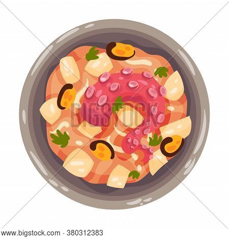 Mulligan Stew Or Boiled Dinner With Seafood And Vegetables As Portuguese Dish View From Above Vector