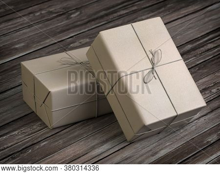 Two craft paper gift boxes on wooden table. Delivery copncept. 3d illustration