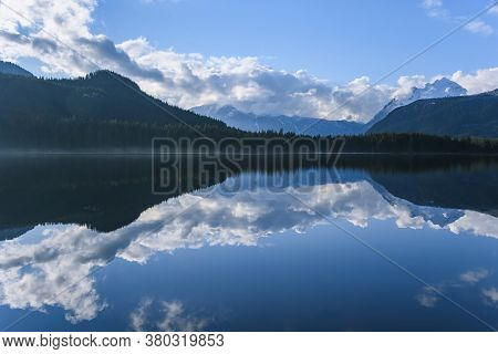Beautiful Blue Lake With Surrounding Mountains Reflecting Back