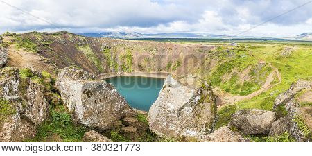 Panoramic View Over Kerio Volcano Crater In Southern Iceland In Summer During Daytime