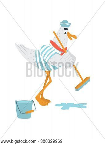 Funny Vector Sailor Seagull With Mop Cleans A Ship. Bird In Striped T-shirt And Dixie With Red Necke