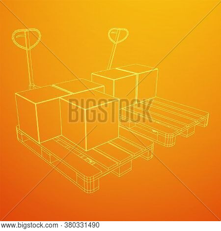 Hand Pallet Jack Lift With Pallet And Stacked Goods Cardboard Boxes. Manual Forklift. Logistics Ship