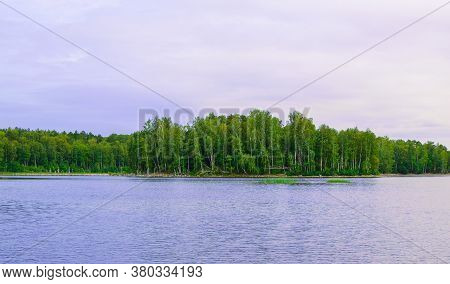 Lake Uvildy, Southern Urals (chelyabinsk Region, Russia). Big Lake Forest Landscape. Beautiful Purpl
