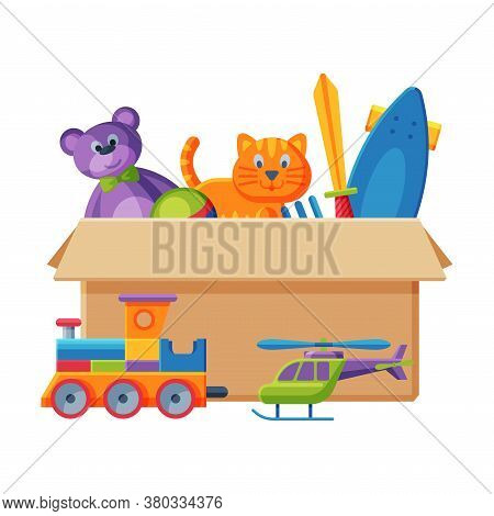 Cardboard Box With Various Toys, Container With Train, Teddy Bear, Sword, Scateboard, Cat Flat Vecto
