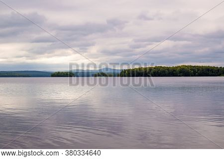 Forest Lake Trees Landscape.beautiful Purple Sunset On Lake Uvildy, Southern Urals (chelyabinsk Regi