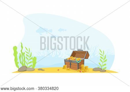 Wooden Ancient Chest Of Gold At The Bottom Of The Sea, Lost Pirate Treasures Cartoon Vector Illustra