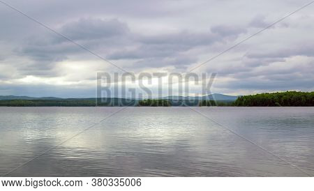 Forest Lake Trees Landscape.beautiful Purple Sunset On Lake Uvildy, Southern Urals (chelyabinsk Regi