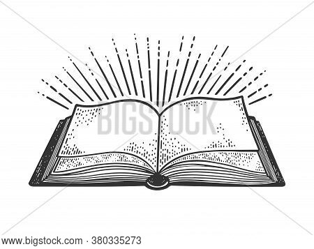 Book And Light Rays Sketch Engraving Vector Illustration. T-shirt Apparel Print Design. Scratch Boar