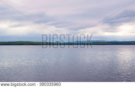 Forest Lake Trees Landscape.beautiful Purple Sunset On Lake Uvildy, Southern Urals (chelyabinsk Regi