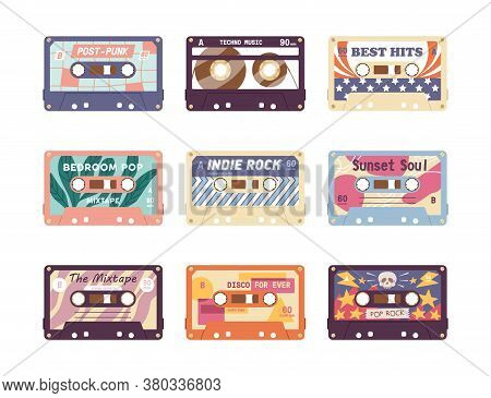 Set Of Compact Analog Audio Cassette From 80s, 90s. Different Retro Audiocassette With Old School Mu