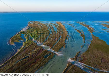 Aerial View Of Autumn Steppe On The Island At Sunset, Aerial View Of Dzharylgach Island In Autumn, A