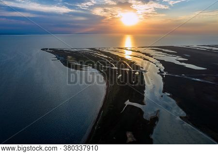 Aerial View Of Autumn Steppe On The Island At Sunset, Aerial View Of Dzharylgach Island In Autumn, A