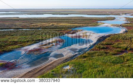 Aerial View Of Autumn Steppe On The Island At Sunset, Aerial View Of Dzharylgach Island In Autumn, A