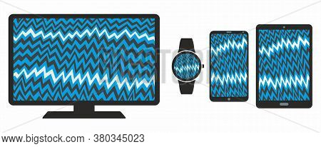 Mobile Phone Tablet Monitor Smart Watch Icons With Broken Screen Of Cartoon Electric Static Interfer