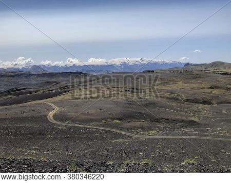 Black Volcanic Landscape In Katla Nature Reserve On Laugavegur Hiking Trail In Iceland. Panorama.