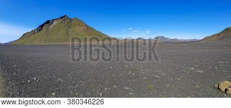 Black Volcanic Landscape In Katla Nature Reserve On Laugavegur Hiking Trail In Iceland. Panorama.