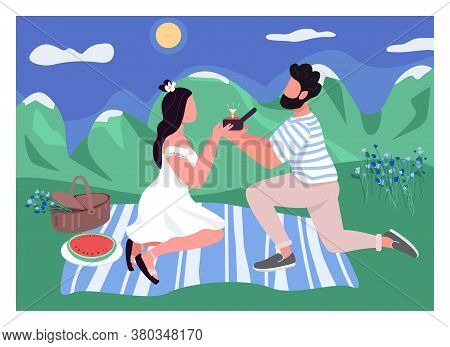 Romantic Proposal Flat Color Vector Illustration. Man With Diamond Ring. Woman On Picnic With Boyfri