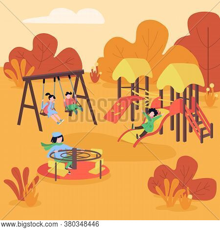 Autumn Playground Flat Color Vector Illustration. Fall Play Area. Kids Having Fun On Swing And Slide