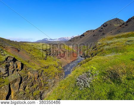 Dramatic Iceland Landscape With Markarfljot Canyon And River In The Vincinity Of Emstrur Botnar.