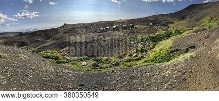 Emstrur, Iceland, July 2020: View On Emstrur Botnar Hut And Camping Ground On The Laugavegur Hiking