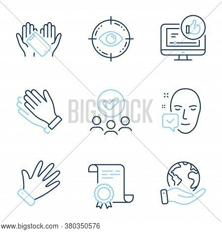 Like Video, Smartphone Holding And Hand Line Icons Set. Diploma Certificate, Save Planet, Group Of P