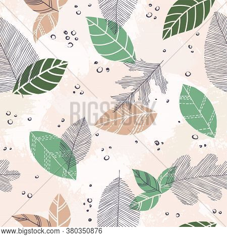 Beautiful Seamless Doodle Pattern With Vintage Leaves Sketch. Design Background Greeting Cards And I
