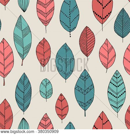 Beautiful Seamless Doodle Pattern With Vintage Leaves Sketch. Design Background Greeting Cards And I