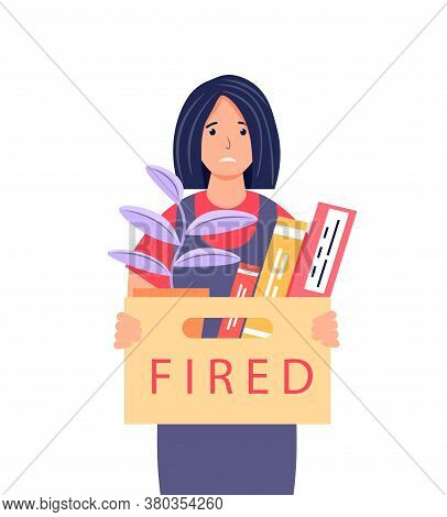 Dismissal From Work. Frustrated Young Woman Holding A Box With Her Belongings. Female Character Who 